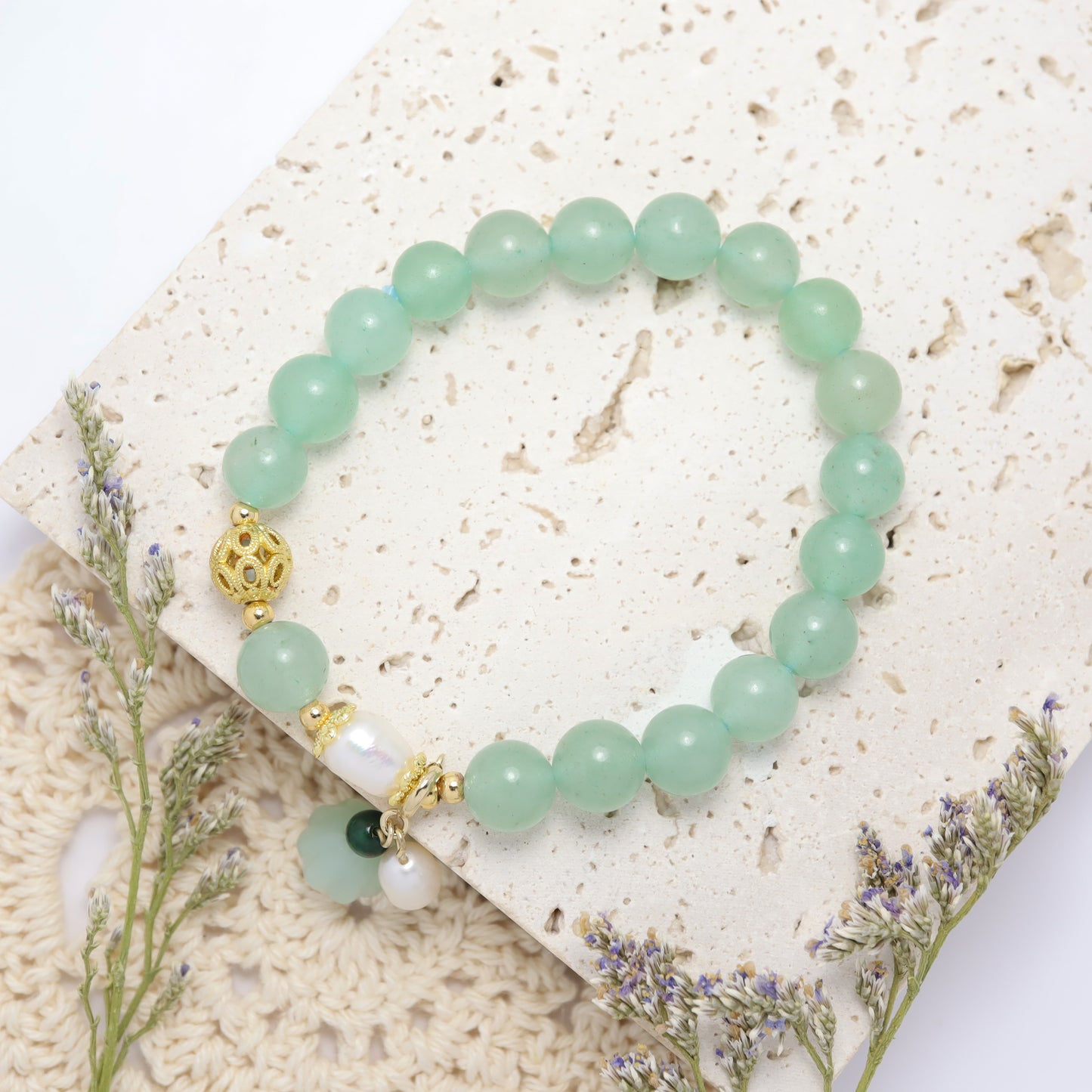 Purity & Love - Aventurine Lotus Seedpod Gemstones Freshwater Pearl Bracelet