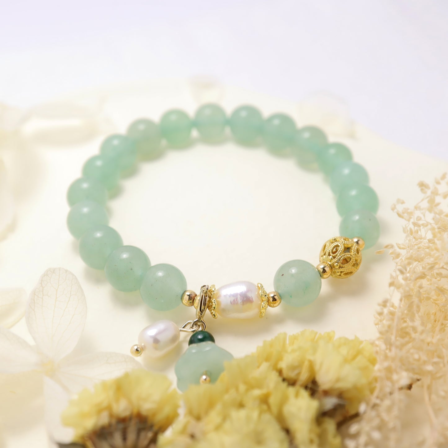 Purity & Love - Aventurine Lotus Seedpod Gemstones Freshwater Pearl Bracelet