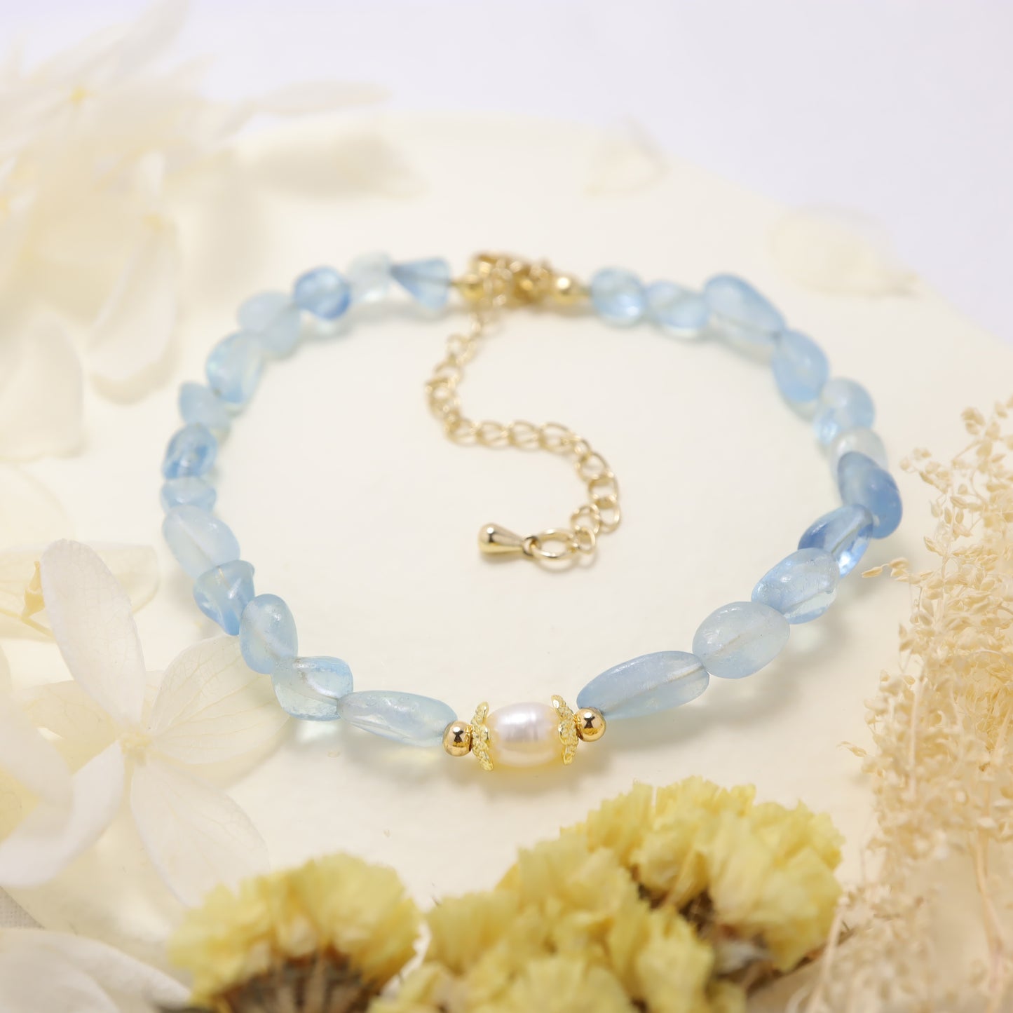 Ocean Star - Irregular Shape Aquamarine & Freshwater Pearl Bracelet With Adjustable Chain