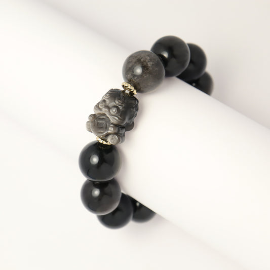 Gold Gobble Monster - Pixiu Silver-Sheen Obsidian Bracelet (Female & Male)