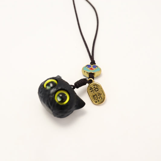 Black Cutie Fortune Cat Macassar Ebony Key Chain Phone Charm