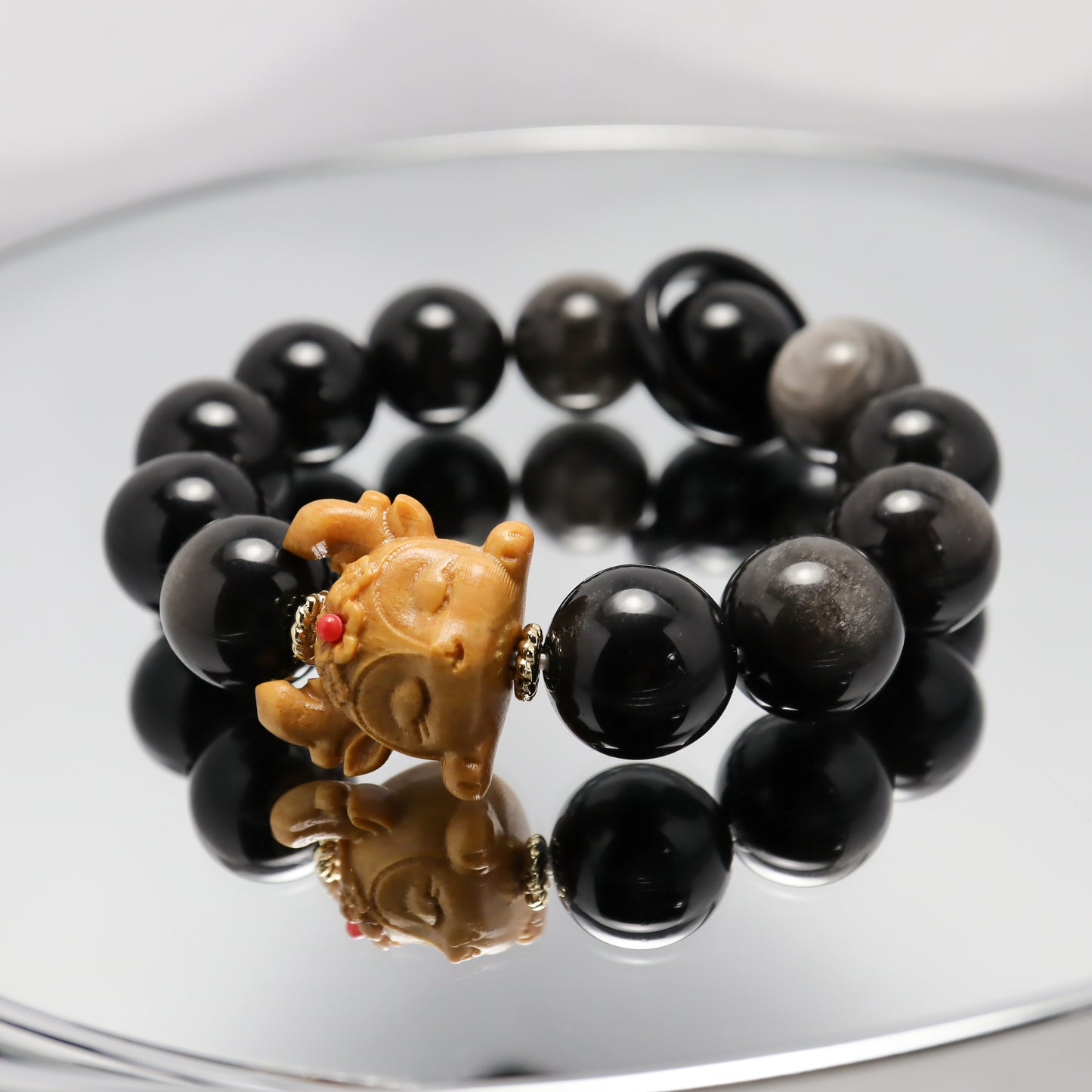 Fairy Deer's Blessing - Barbie Sandalwood & Silver-Sheen Obsidian Bracelet