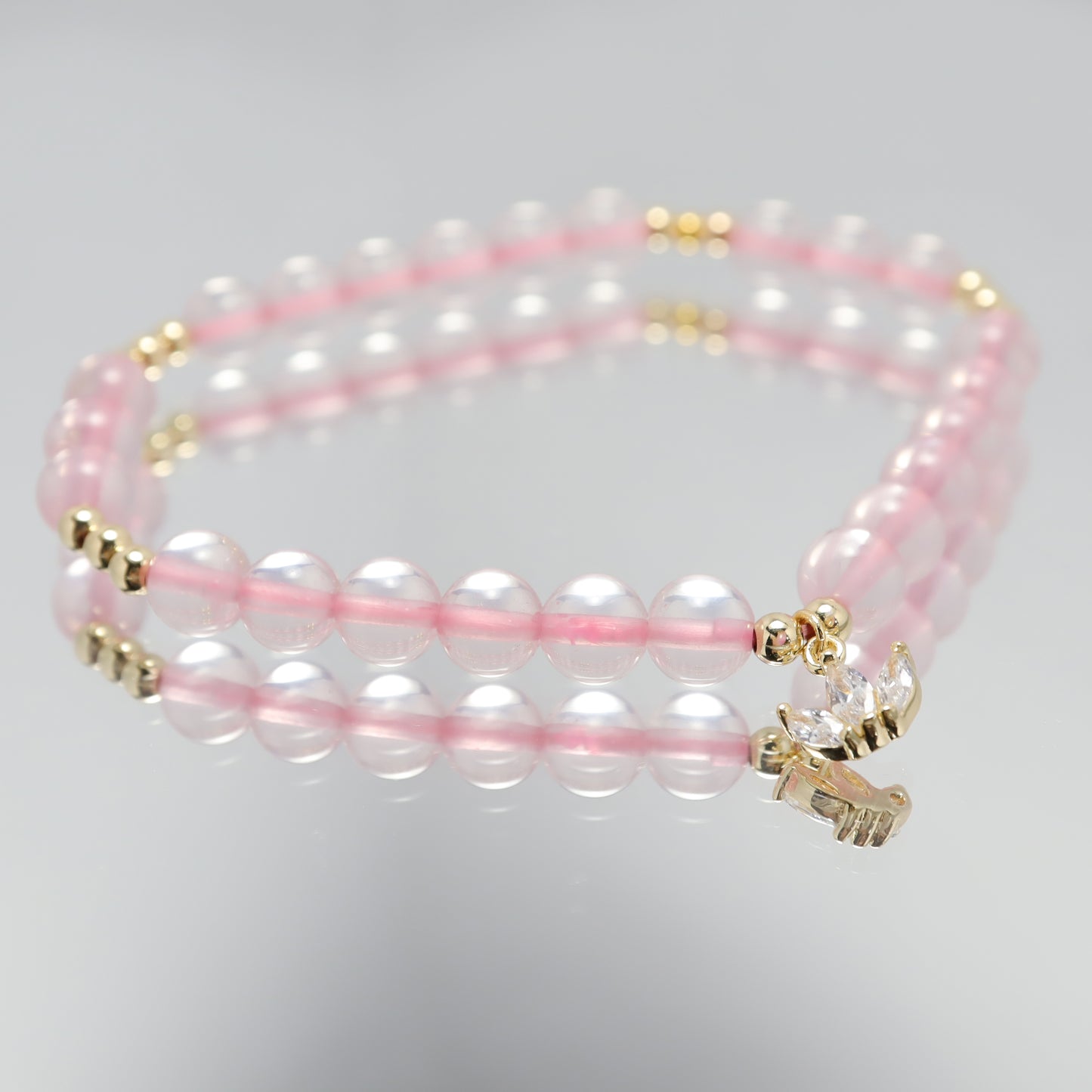 Three Leaves Zircon Flower Mozambique Rose Quartz Bracelet