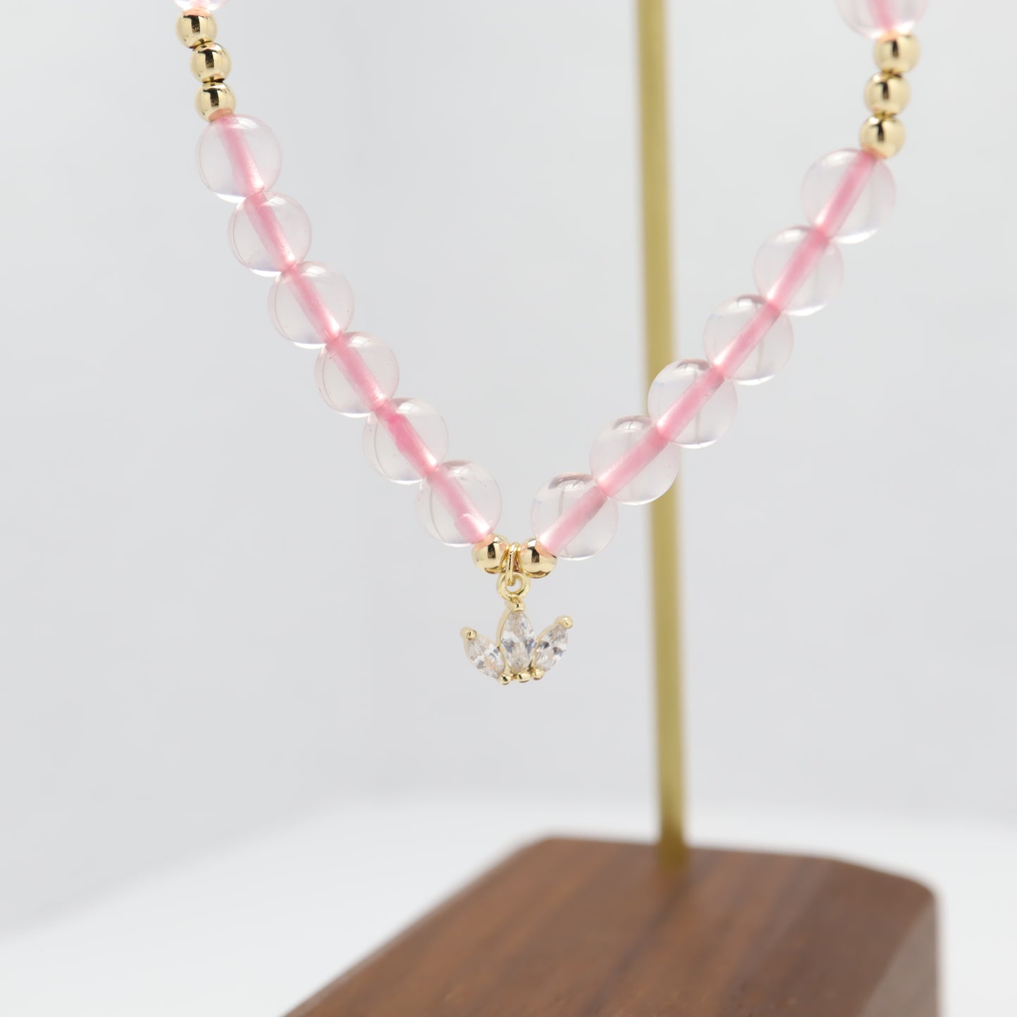 Three Leaves Zircon Flower Mozambique Rose Quartz Bracelet