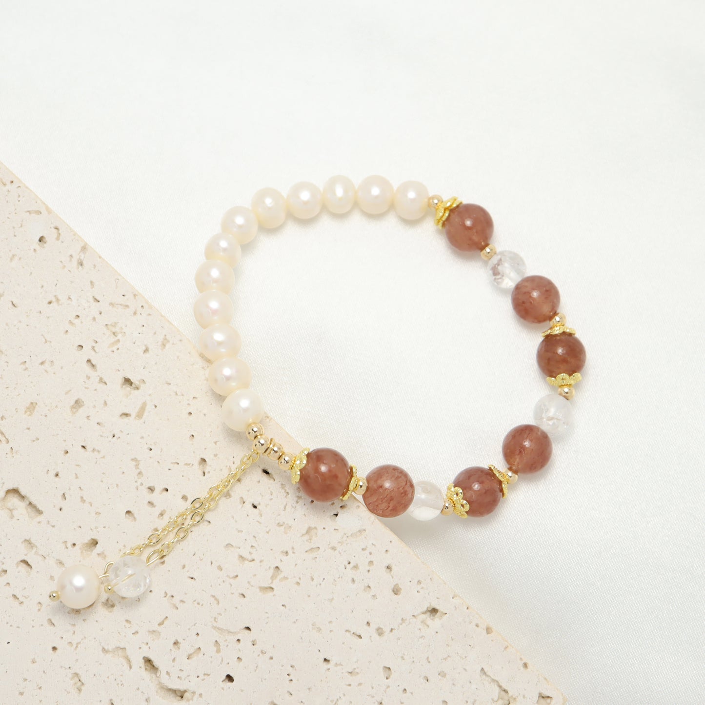 Precious Love - Freshwater Pearl & Strawberry Quartz Clear Quartz Bracelet