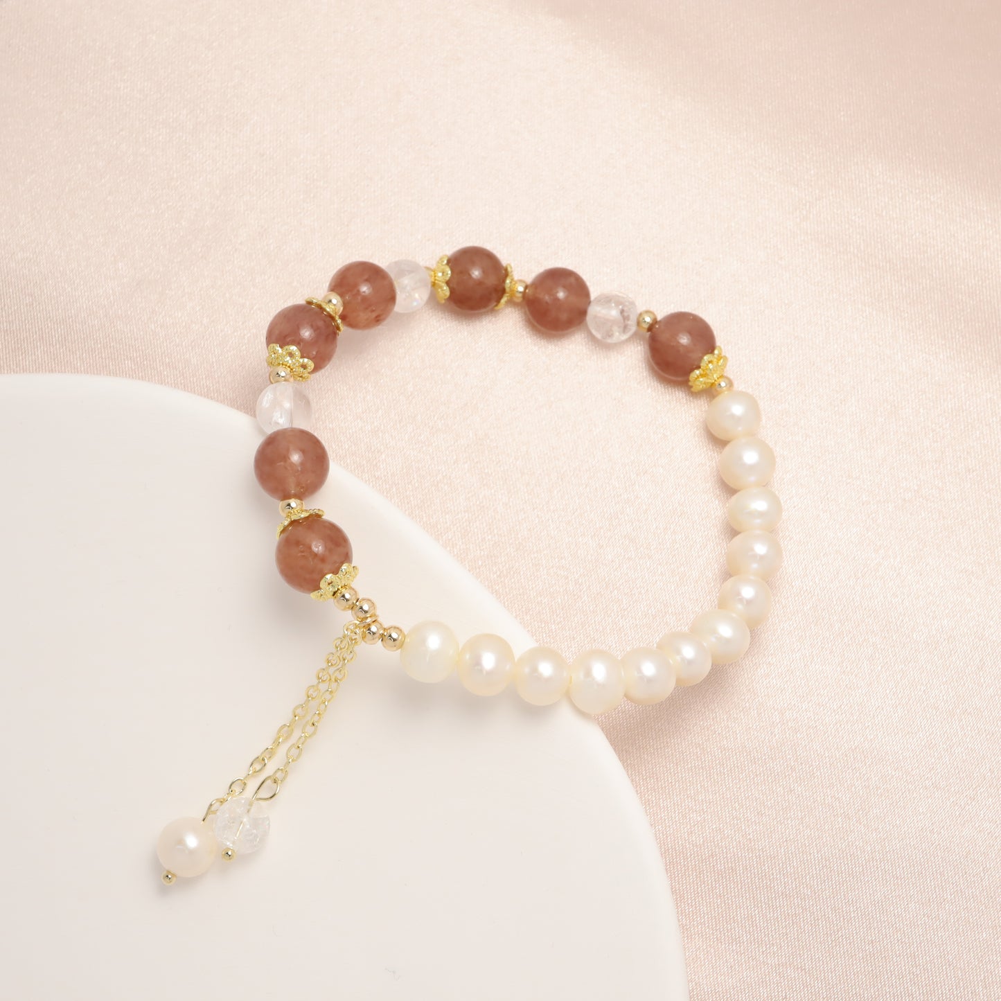 Precious Love - Freshwater Pearl & Strawberry Quartz Clear Quartz Bracelet