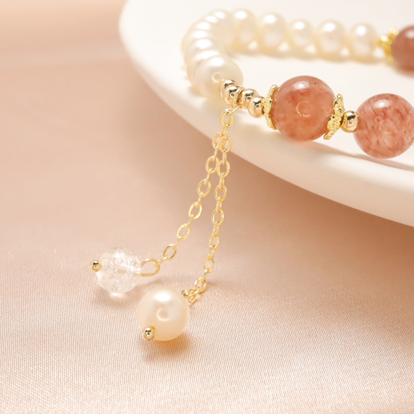 Precious Love - Freshwater Pearl & Strawberry Quartz Clear Quartz Bracelet