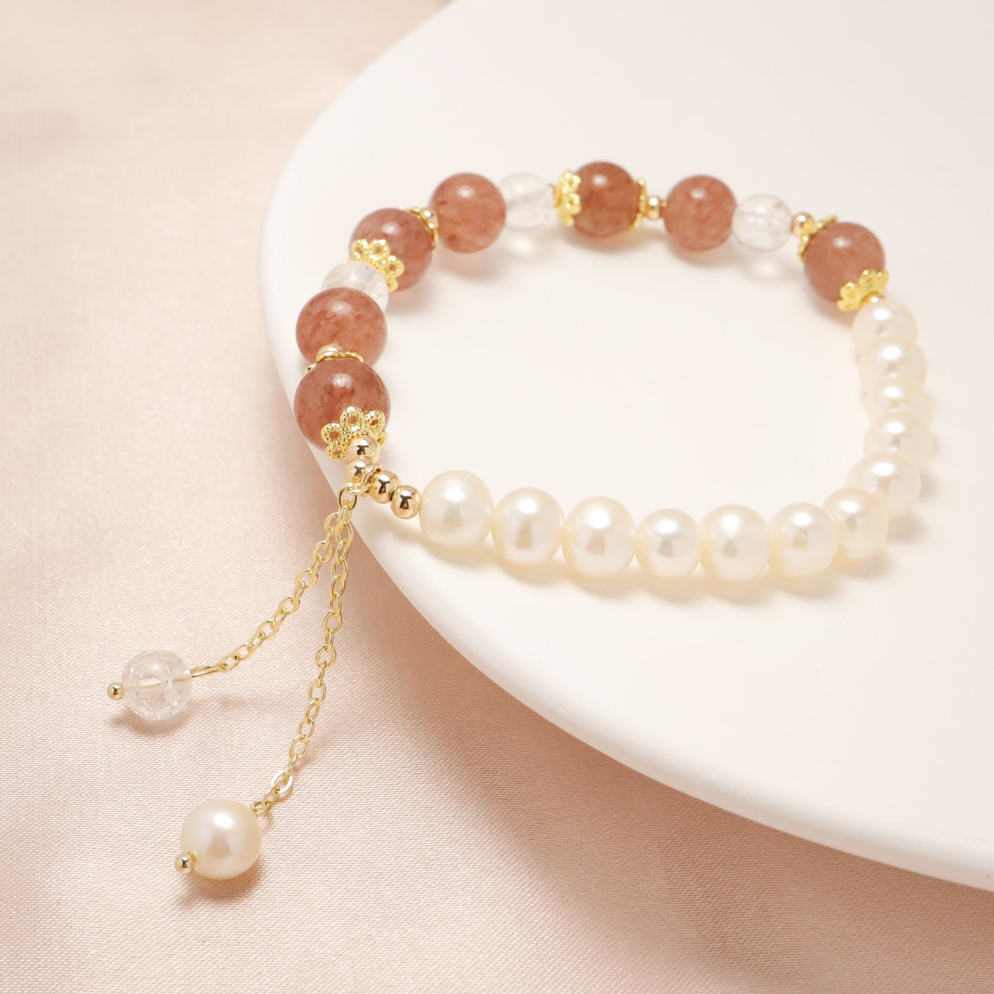 Precious Love - Freshwater Pearl & Strawberry Quartz Clear Quartz Bracelet
