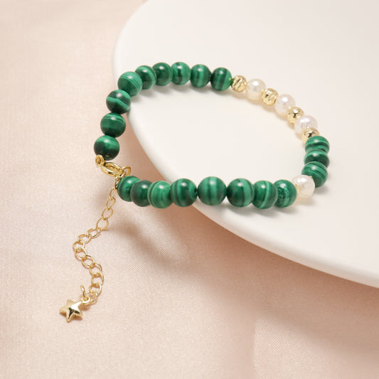 Peacock Pride - Malachite & Freshwater Pearl Bracelet with Adjustable Chain