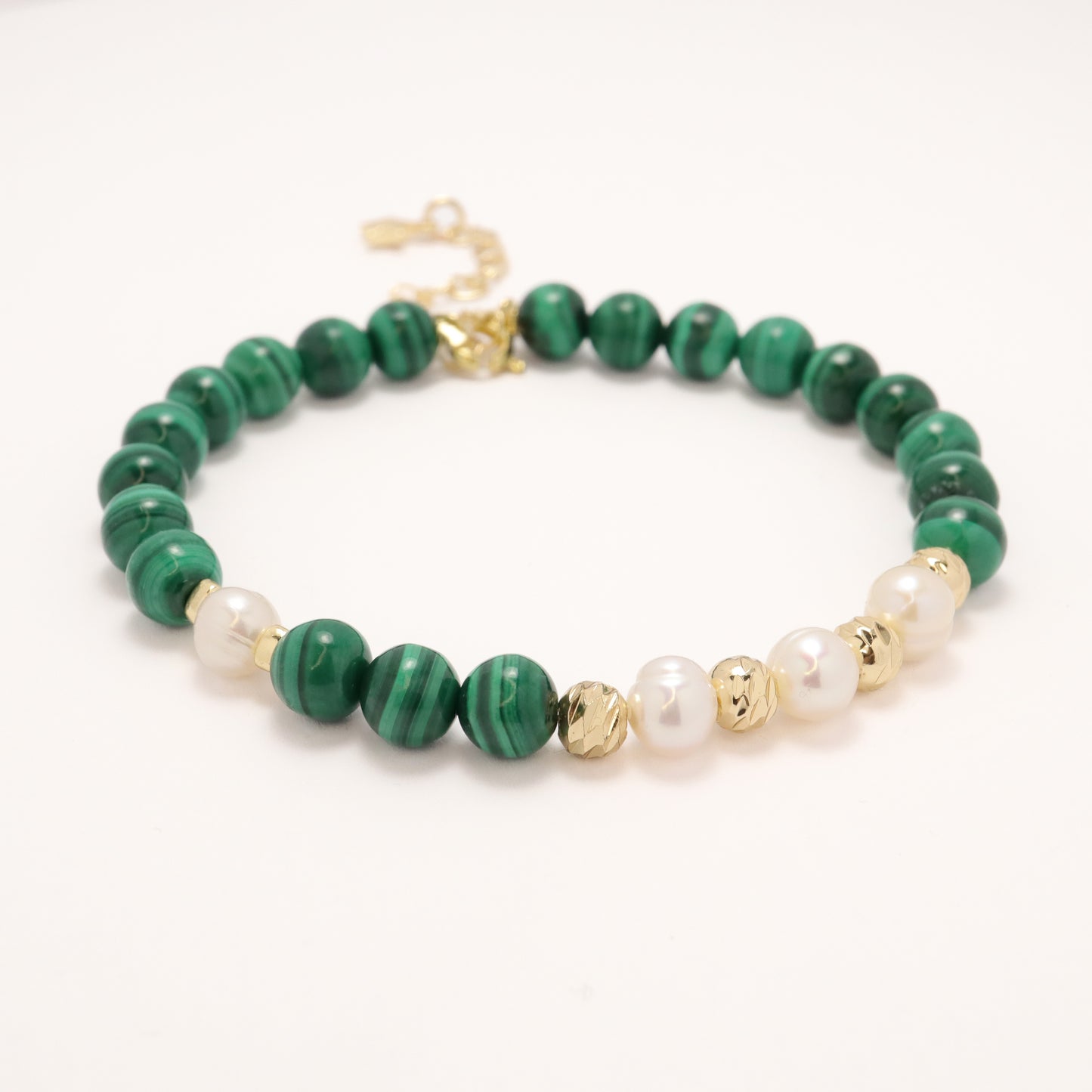 Peacock Pride - Malachite & Freshwater Pearl Bracelet with Adjustable Chain