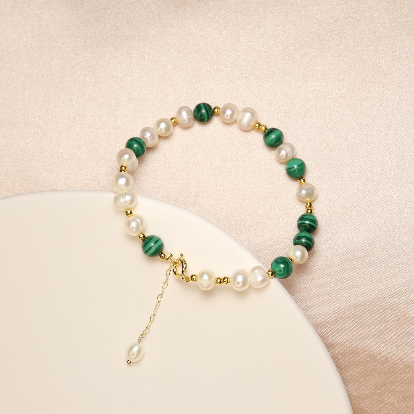Peacock Prime - Freshwater Pearl & Malachite Bracelet With Adjustable Chain