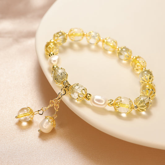 Golden Fortunes - Freshwater Pearl Green Phantom Quartz & Rutilated Quartz Crystal Bracelet