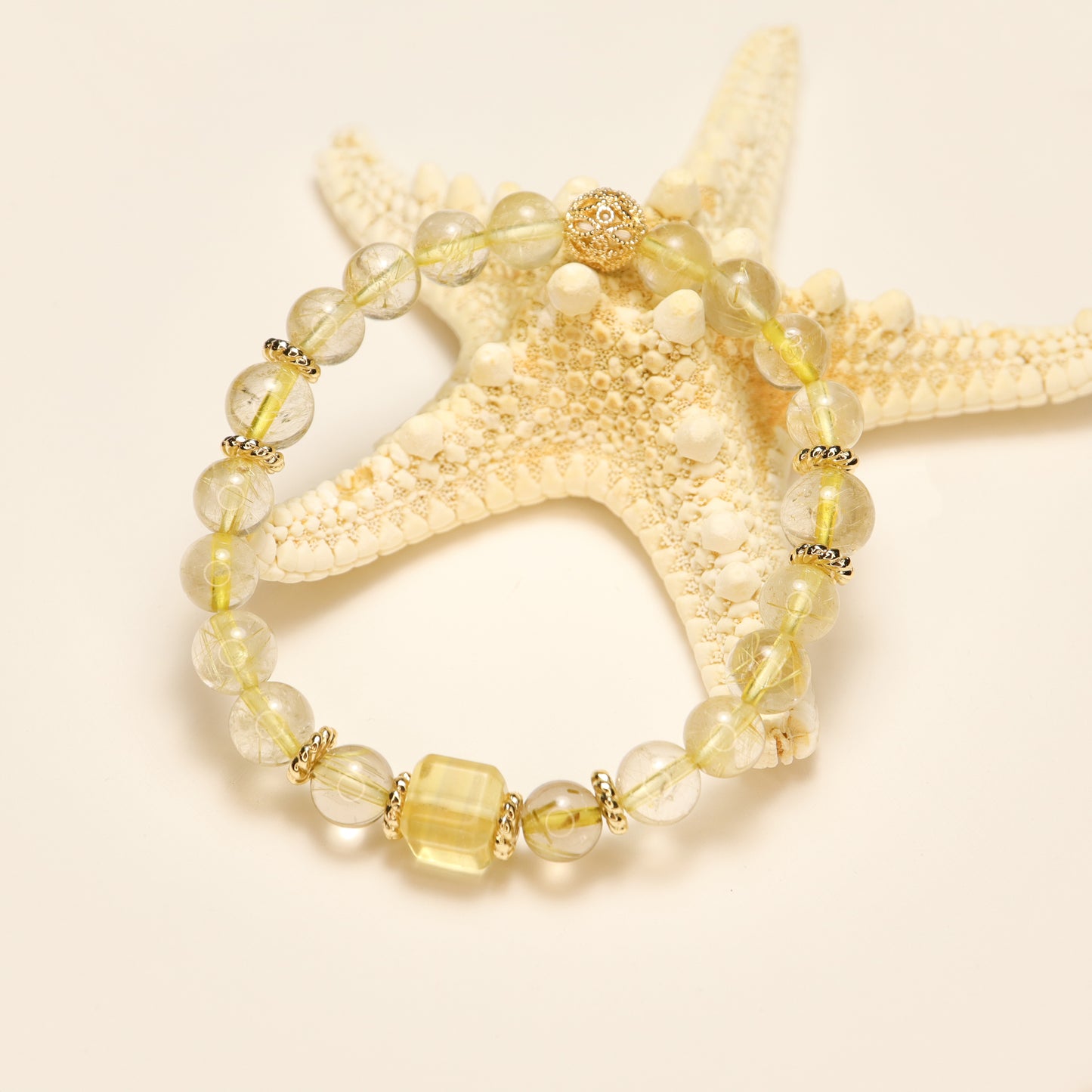 Golden Sweet - Sugar Cube Fluorite & Rutilated Quartz Crystal Bracelet
