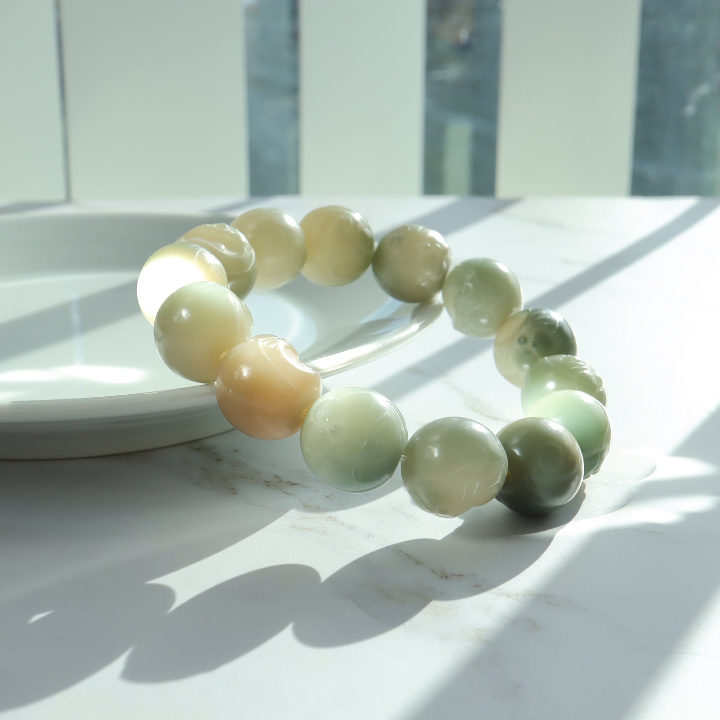 Doraemon - Sculptured Green Floating Snowflake Bodhi Root Bracelet
