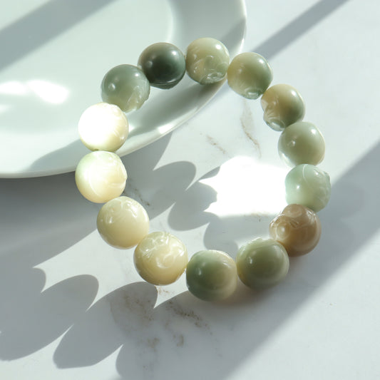 Doraemon - Sculptured Green Floating Snowflake Bodhi Root Bracelet