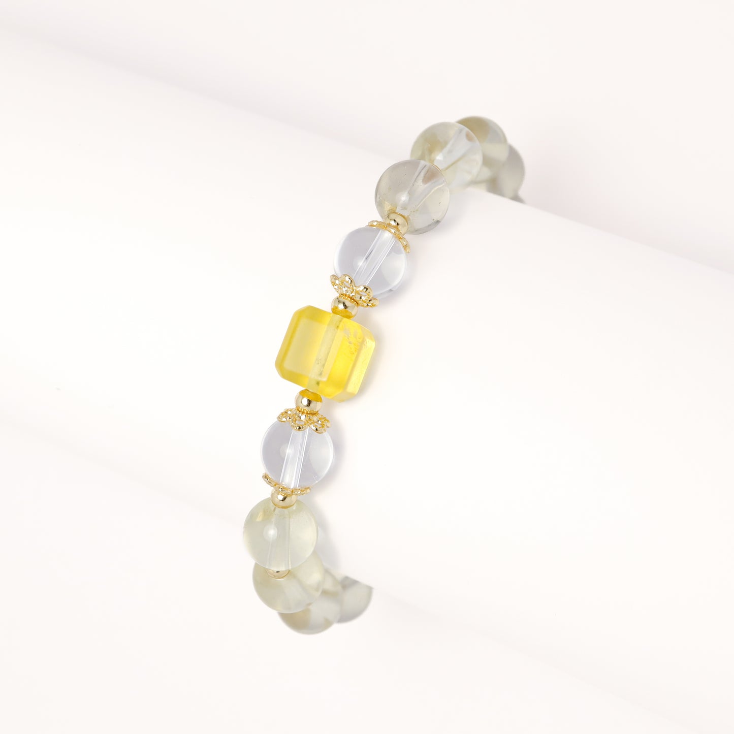 Summer Time Go - Clear Crystal Moonstone Sugar Cube Fluorite & Lemon Citrine Bracelet