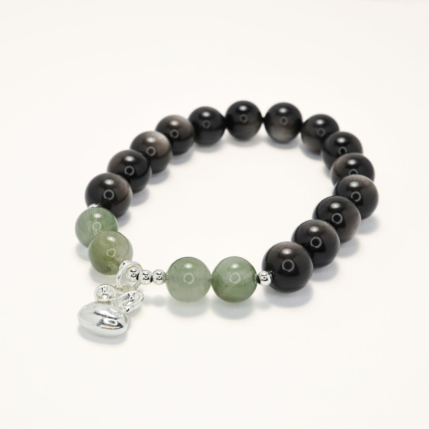 Valentine's Day Special I - Green Rutilated Quartz & Silver Obsidian Bracelet (A & B)