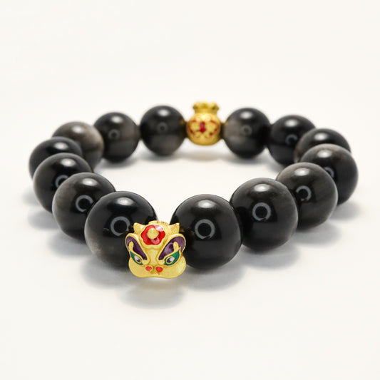Awakening Lion & Fook - Silver Obsidian Bracelet
