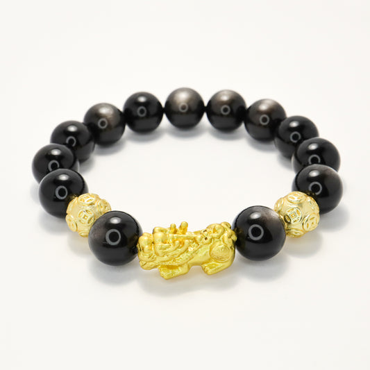 Gold Pixiu Fortune - High Grade Silver Obsidian Bracelet