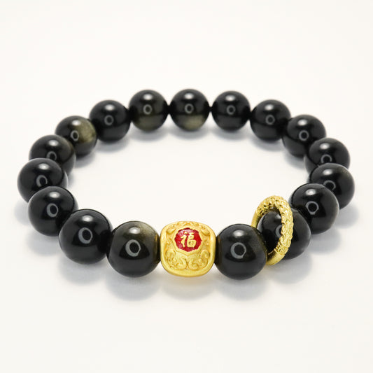 Longevity Turtle Fook - Golden Obsidian Bracelet
