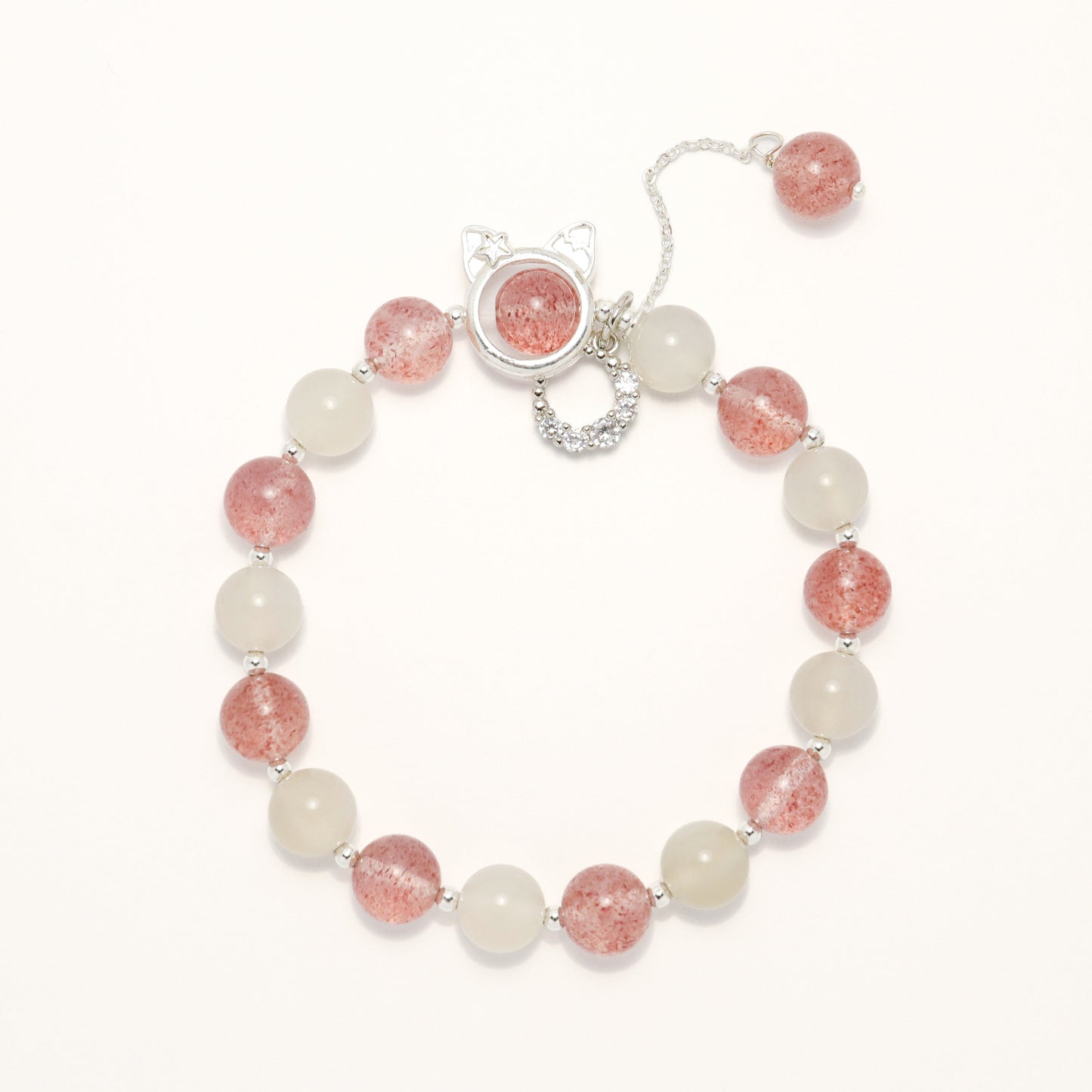 Cat On Moon - Moonstone & Strawberry Quartz Bracelet