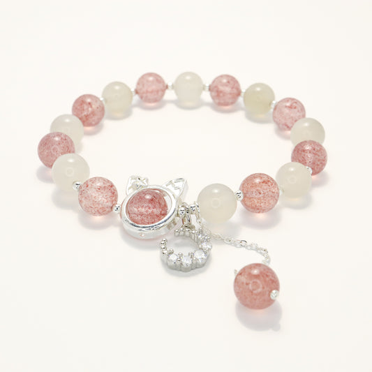 Cat On Moon - Moonstone & Strawberry Quartz Bracelet