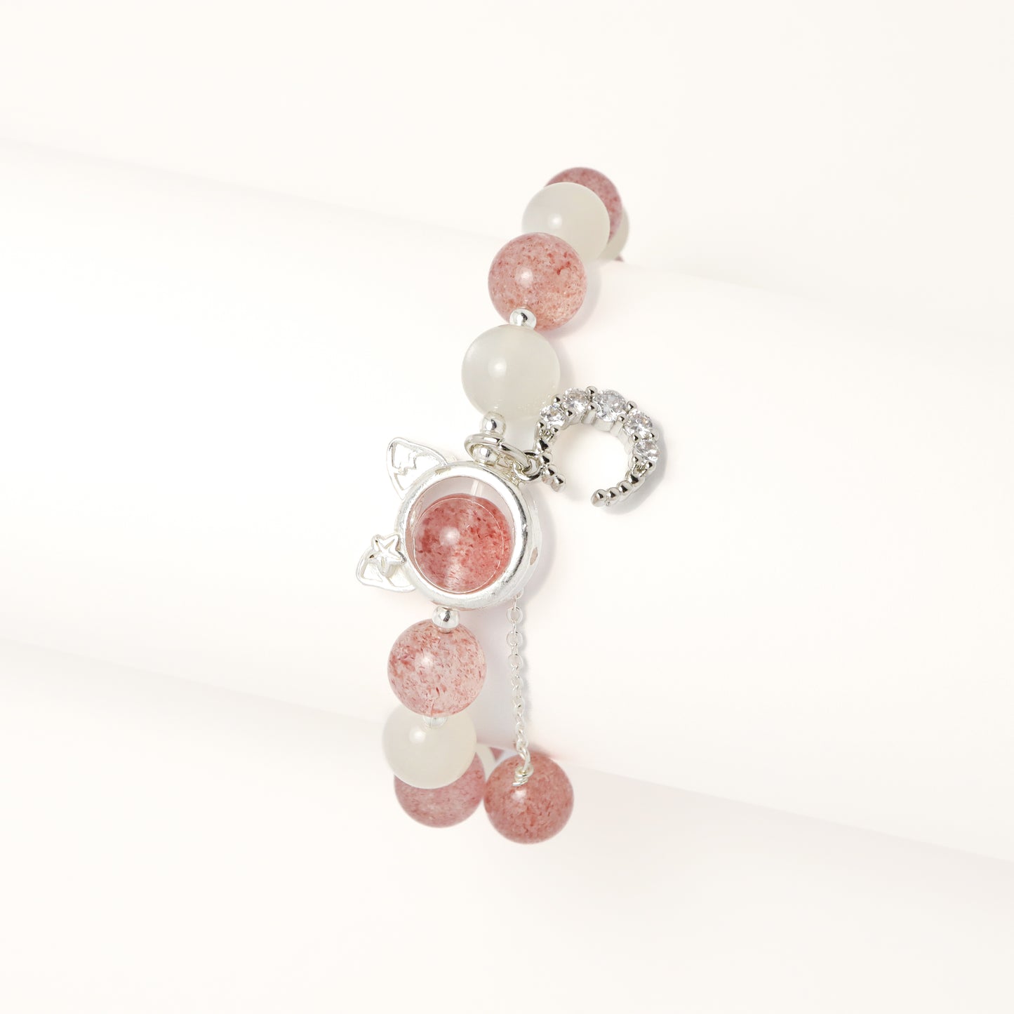 Cat On Moon - Moonstone & Strawberry Quartz Bracelet