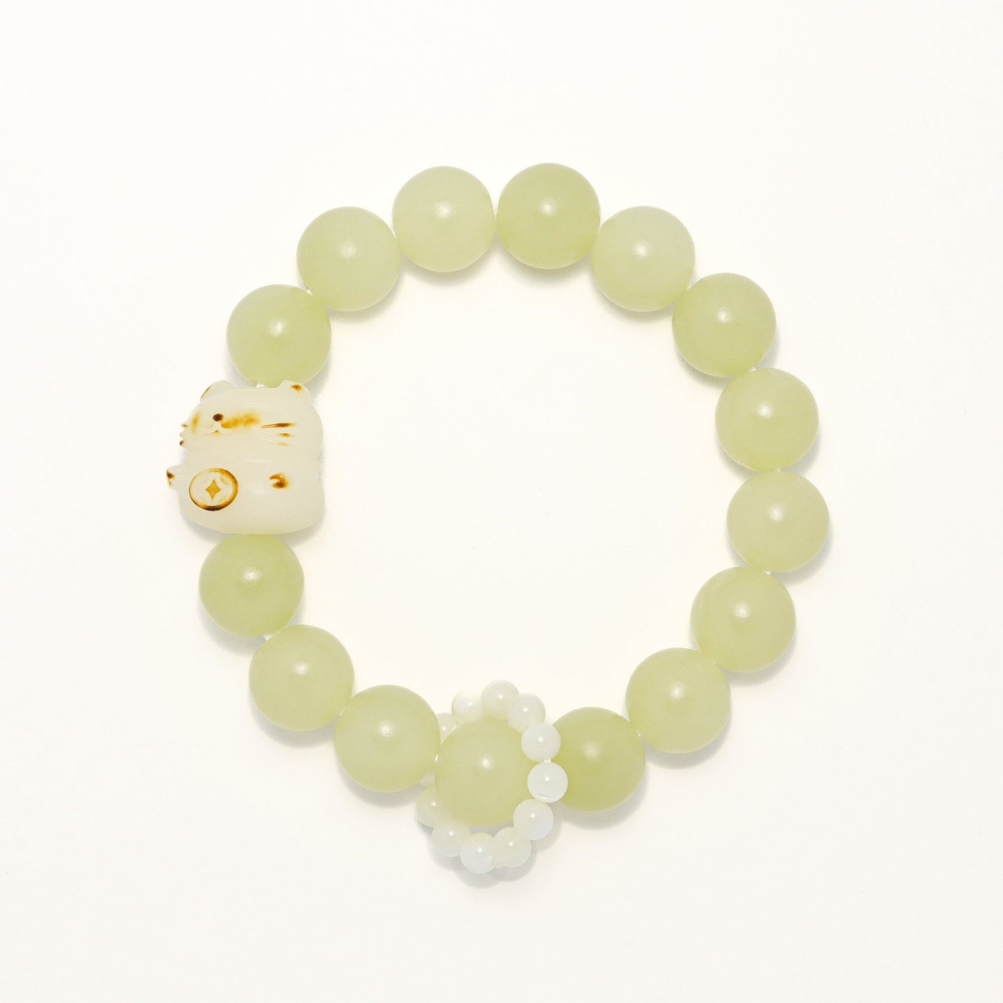 White Tea Fresh II - Fortune Cat Burned Style Bodhi Root Afghan Greenish White Jade Pearl Shell Bracelet