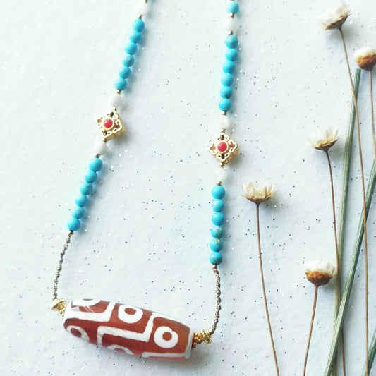 Sky Treasure - Dzi Bead Turquoise Necklace
