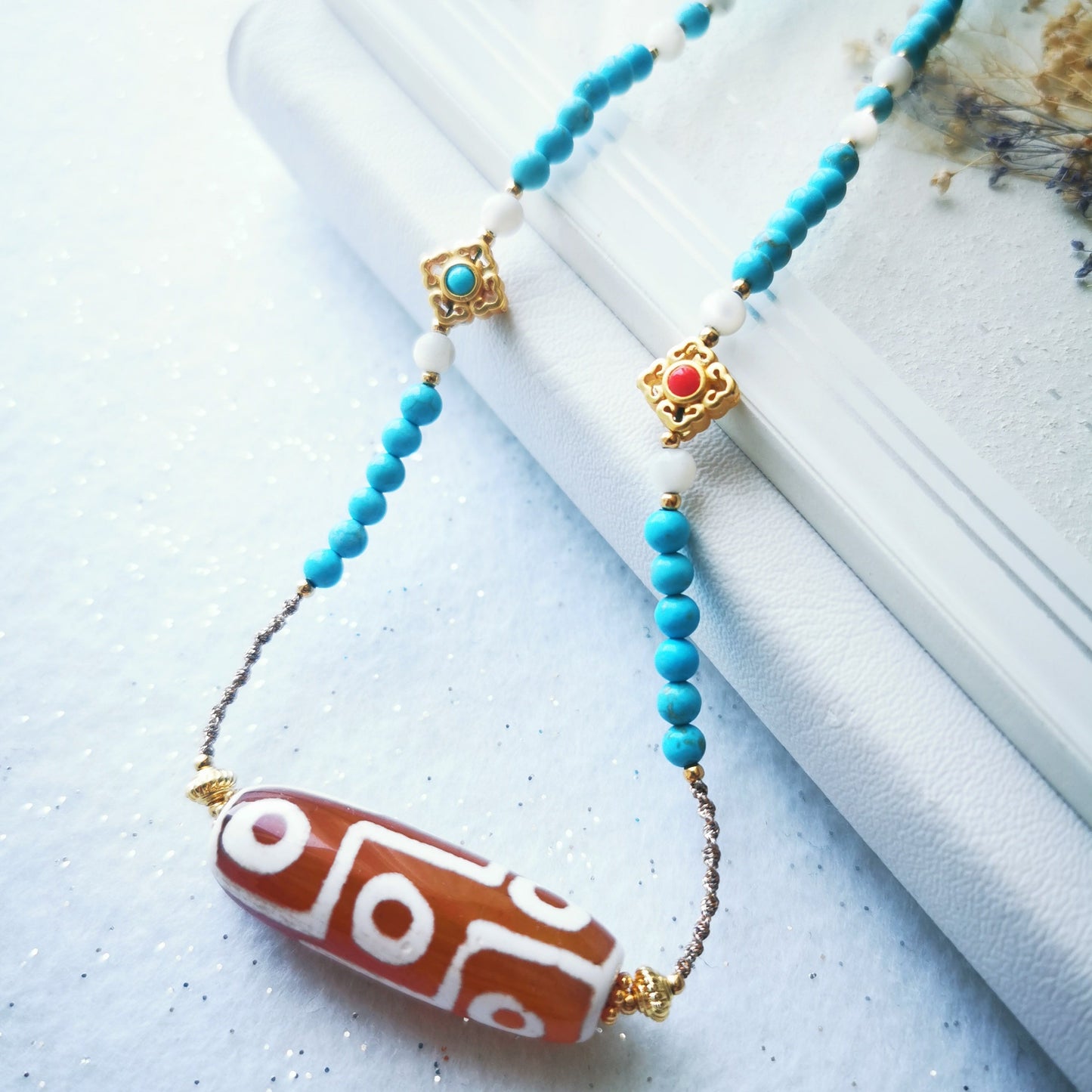 Sky Treasure - Dzi Bead Turquoise Necklace