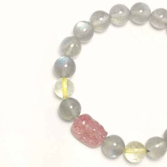 Pixiu - Rutilated Quartz Grey Moonstone & Strawberry Quartz Bracelet