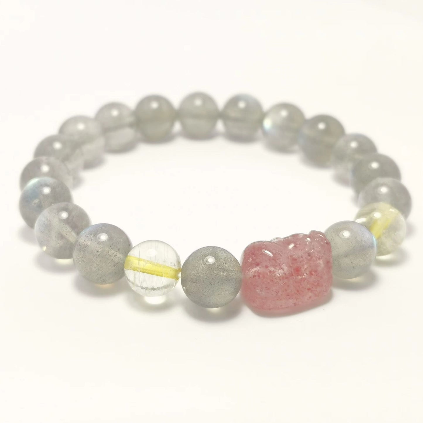 Pixiu - Rutilated Quartz Grey Moonstone & Strawberry Quartz Bracelet