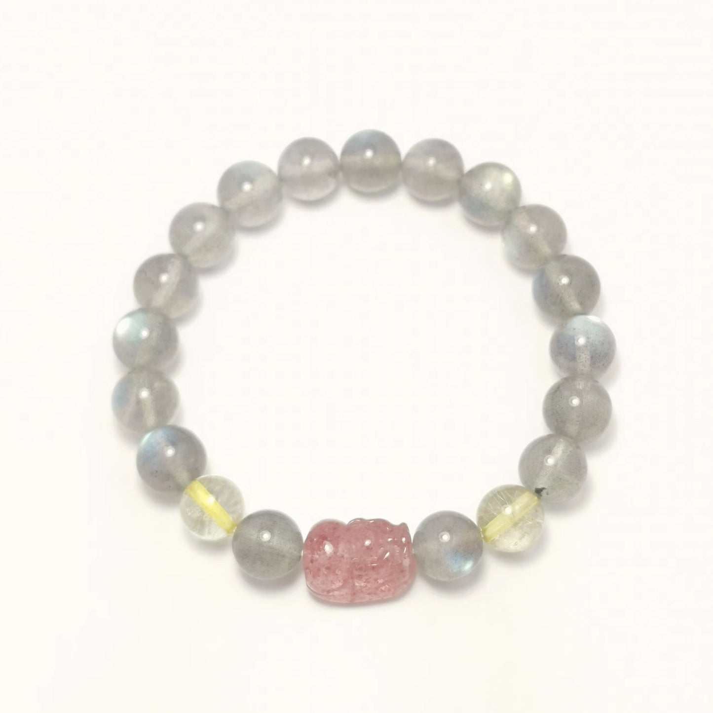 Pixiu - Rutilated Quartz Grey Moonstone & Strawberry Quartz Bracelet