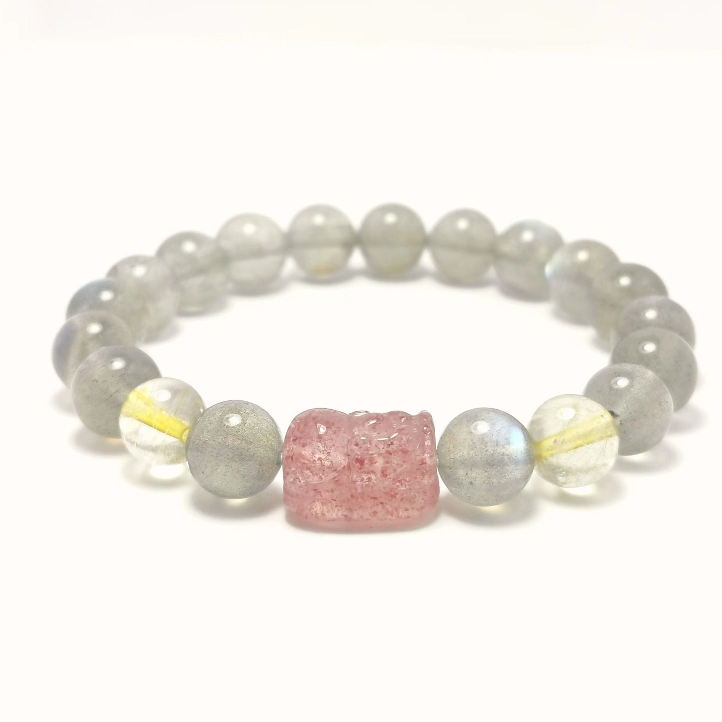 Pixiu - Rutilated Quartz Grey Moonstone & Strawberry Quartz Bracelet