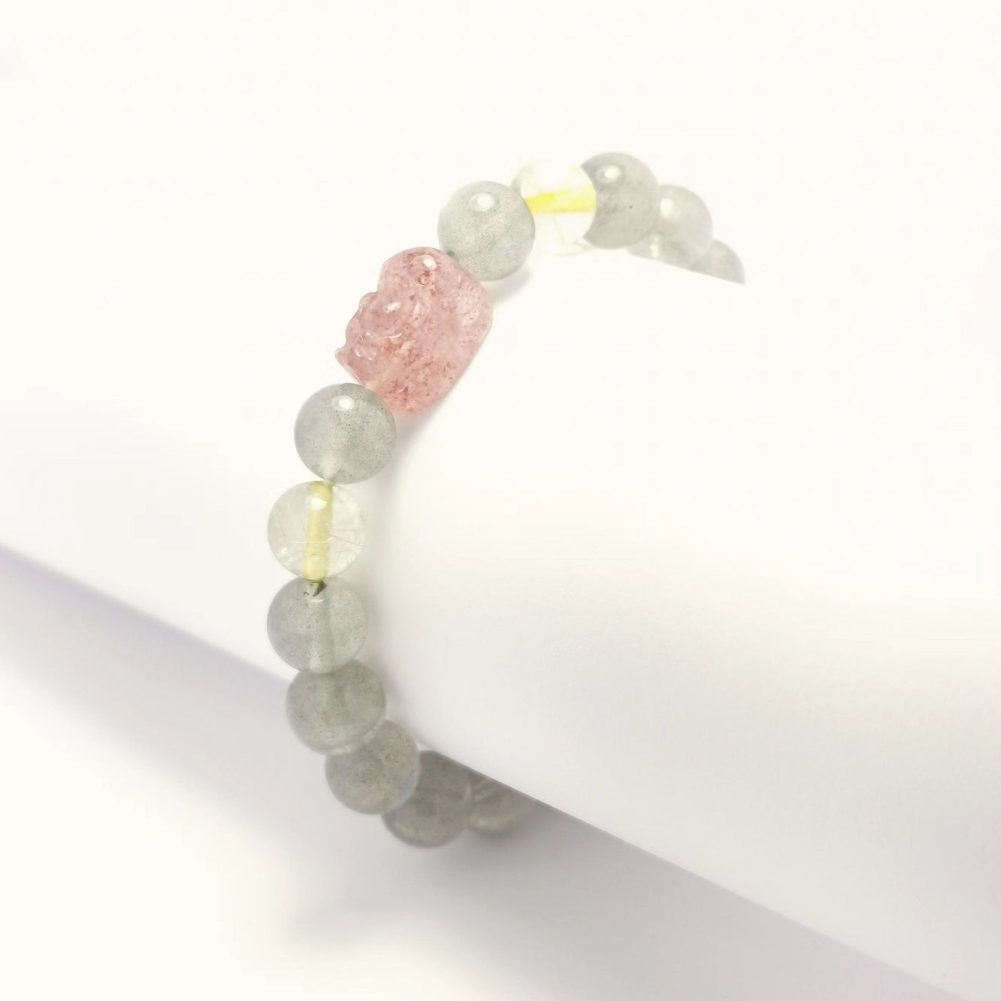 Pixiu - Rutilated Quartz Grey Moonstone & Strawberry Quartz Bracelet