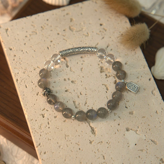 Grey Moonstone, Clear Quartz & 925 Sterling Silver Bracelet - Lunar Clarity