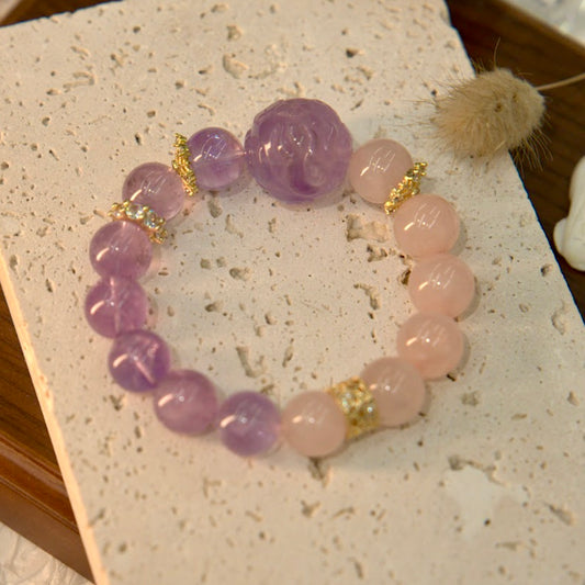 Rose Quartz, Amethyst & Nine-tailed Fox Sphere Carving Bracelet- Fox Charm Love