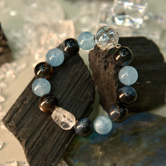 Blue Tiger's Eye, Clear Quartz Pixiu, Silver Obsidian & Aquamarine Bracelet - Guardian Pixiu