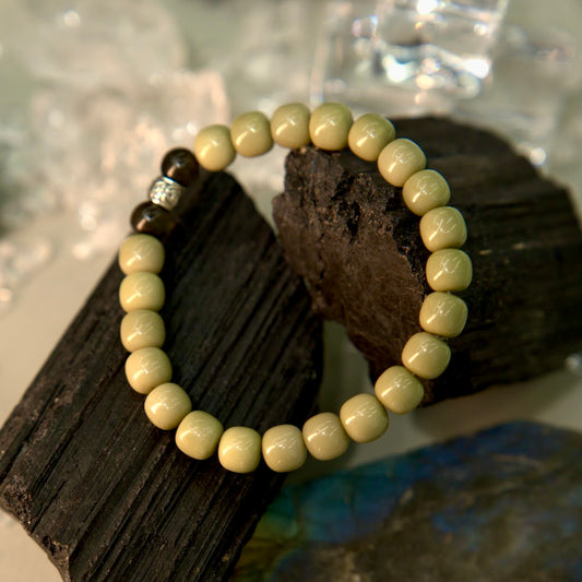 Alashan Agate & Silver Obsidian Bracelet - Matcha Eclipse