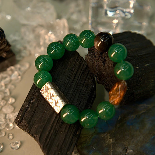 Green Strawberry Quartz, Black-Gold Super Seven & Silver Obsidian Bracelet - Stellar Forest