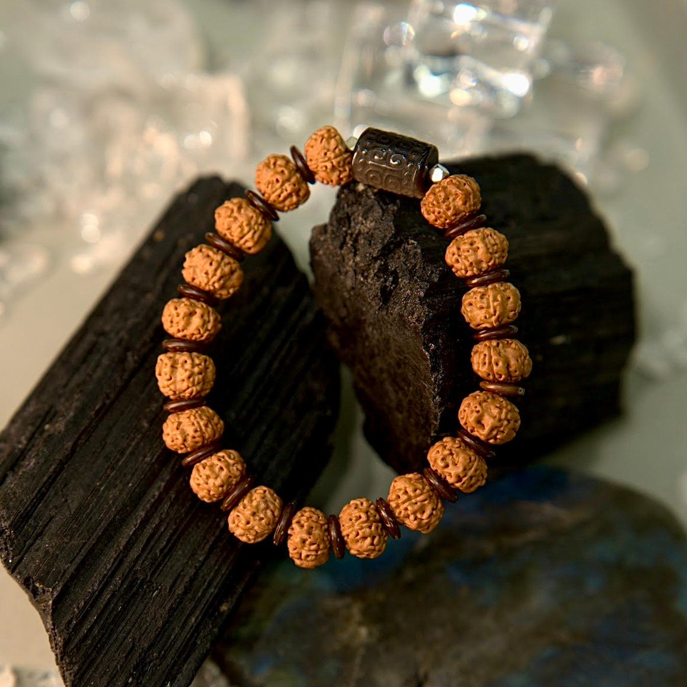 Vajra Seed (Rudraksha) & Silver Obsidian Bracelet - Sacred Mirror