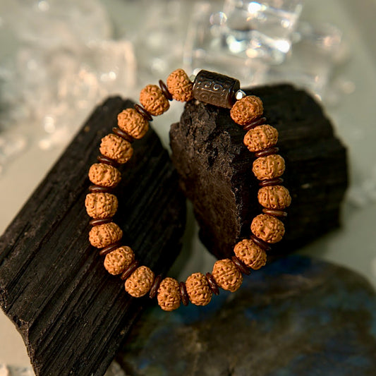 Vajra Seed (Rudraksha) & Silver Obsidian Bracelet - Sacred Mirror