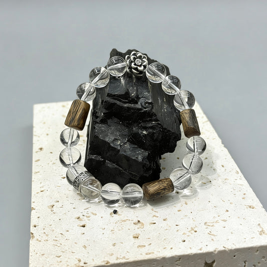 Clear Quartz, Agarwood, Vintage s925 Silver Bracelet - Lotus Serenity