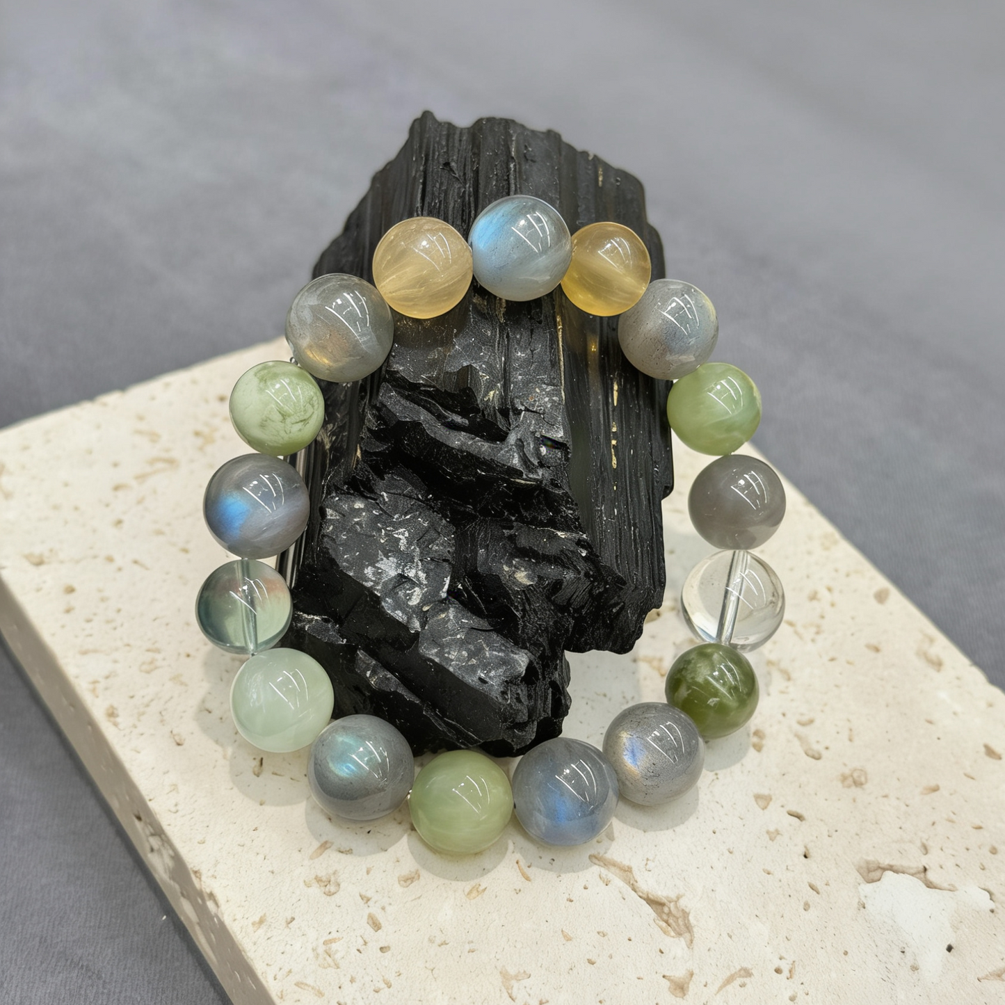 Grey Moonstone, Xiuyan Jade, Fluorite & Clear Quartz Bracelet -  Twilight Forest