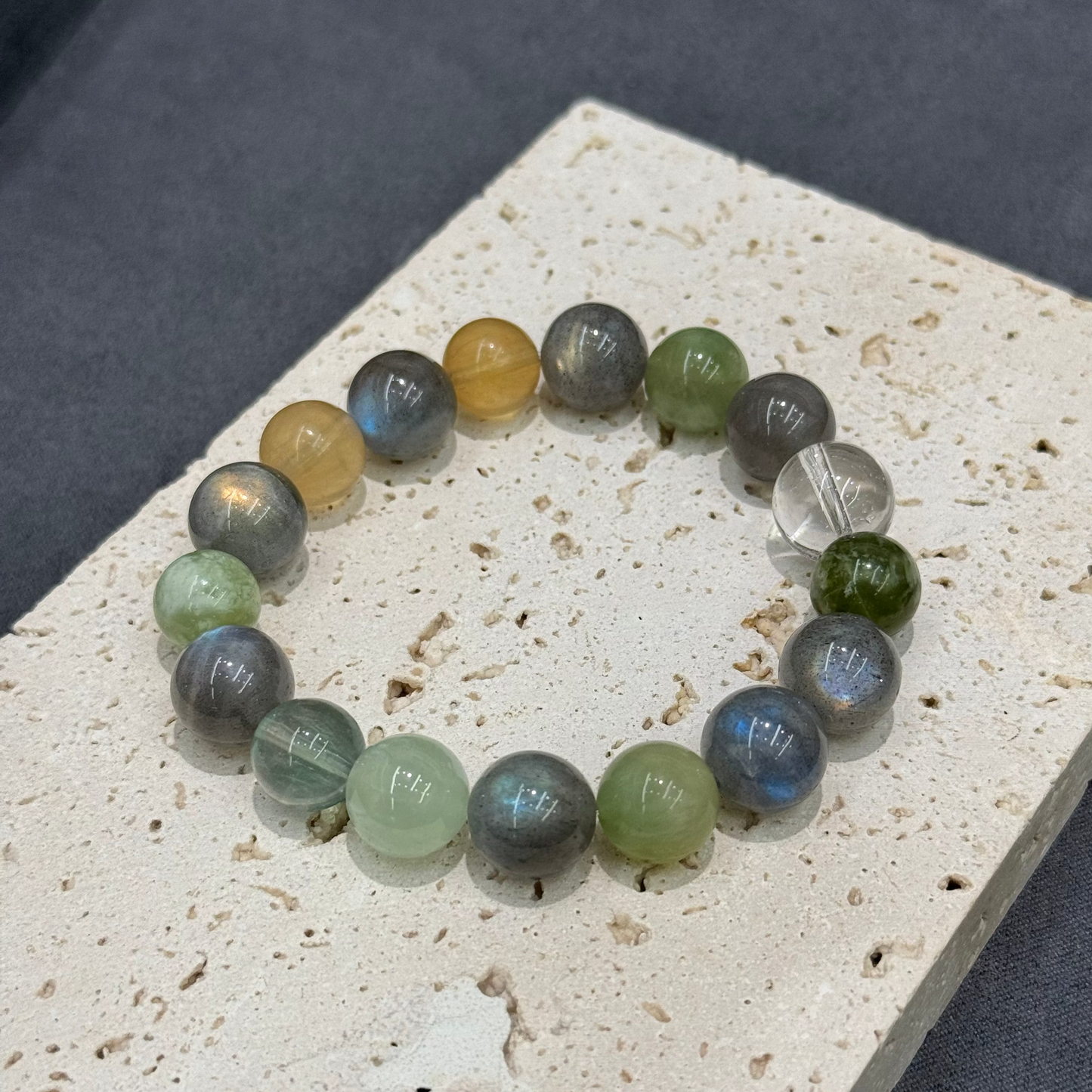 Grey Moonstone, Xiuyan Jade, Fluorite & Clear Quartz Bracelet -  Twilight Forest