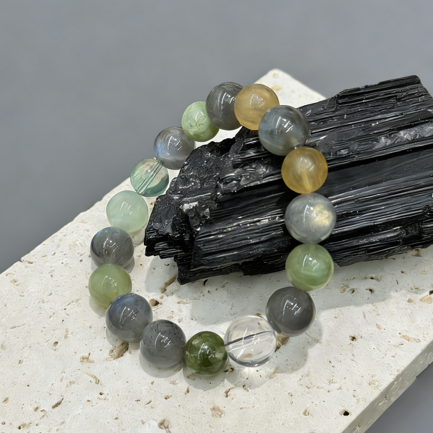 Grey Moonstone, Xiuyan Jade, Fluorite & Clear Quartz Bracelet -  Twilight Forest