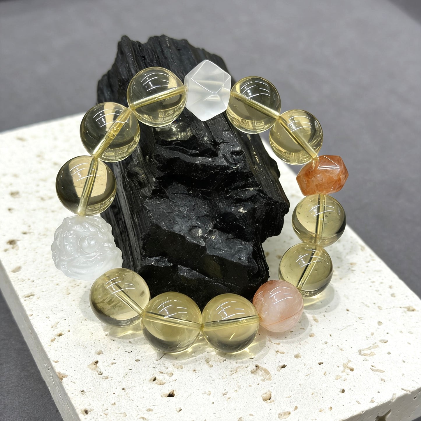 Selenite Lion, Citrine, Rose Quartz & Hematoid Quartz Bracelet - 🦁 Radiant Lion