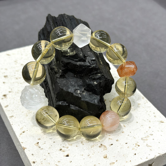 Selenite Lion, Citrine, Rose Quartz & Hematoid Quartz Bracelet - 🦁 Radiant Lion