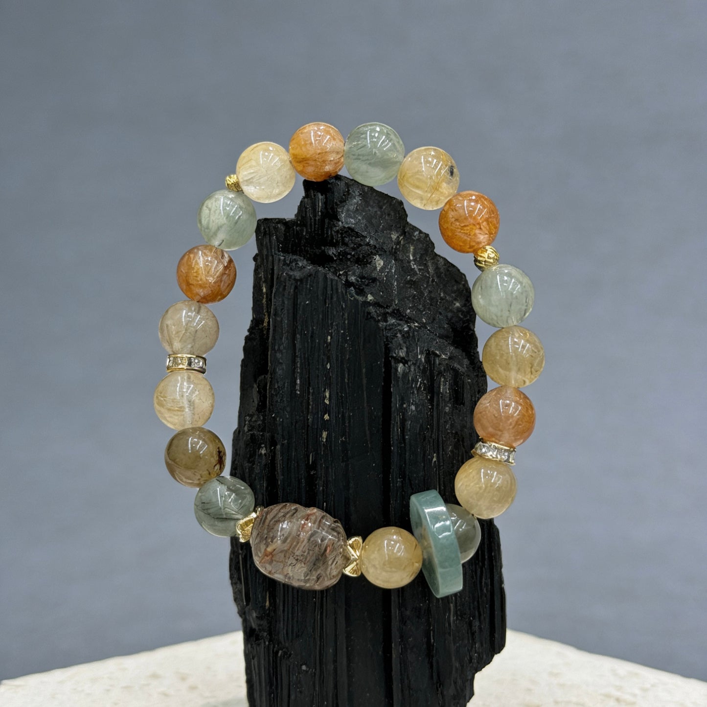 Black Gold Super Seven Quartz (Pixiu), Rutilated Quartz, Blue Jade - Fortune Guardian