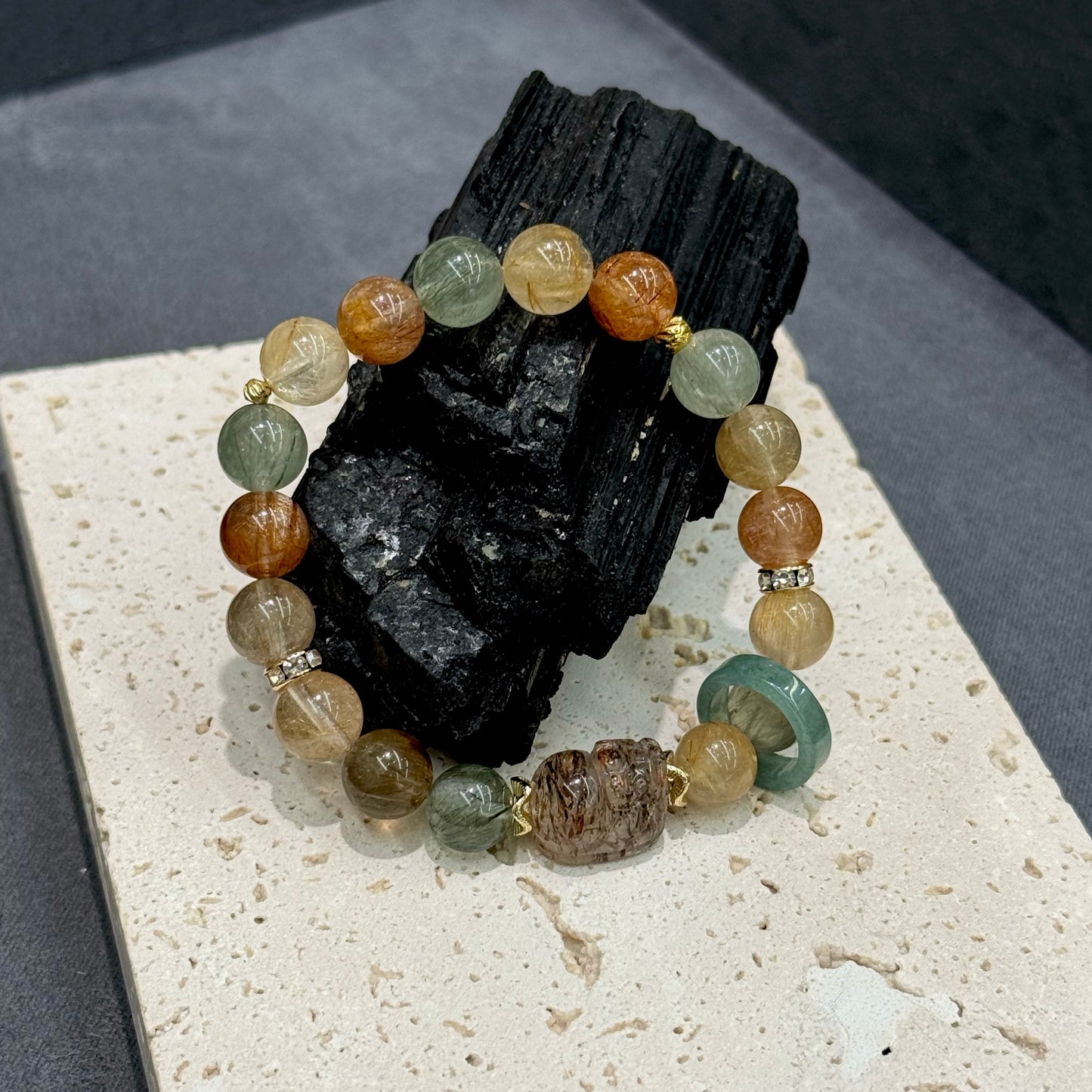 Black Gold Super Seven Quartz (Pixiu), Rutilated Quartz, Blue Jade - Fortune Guardian
